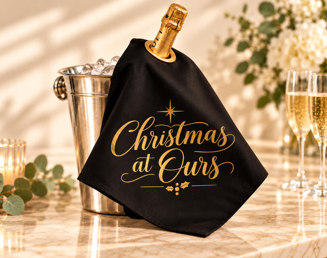 A Champagne bottle with a black bottle cloth saying 'Christmas at Ours'.