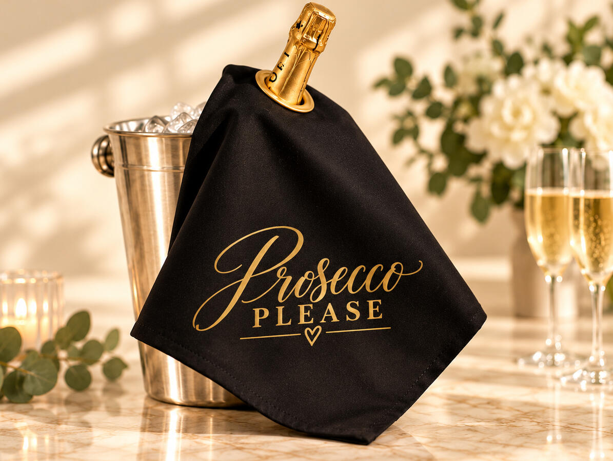 A Champagne bottle with a black bottle cloth saying 'Prosecco Please.'