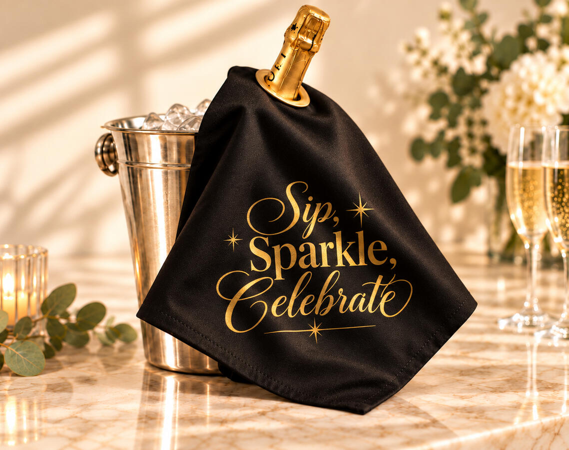 A Champagne bottle with a black bottle cloth saying 'Sip. Sparkle. Celebrate'.