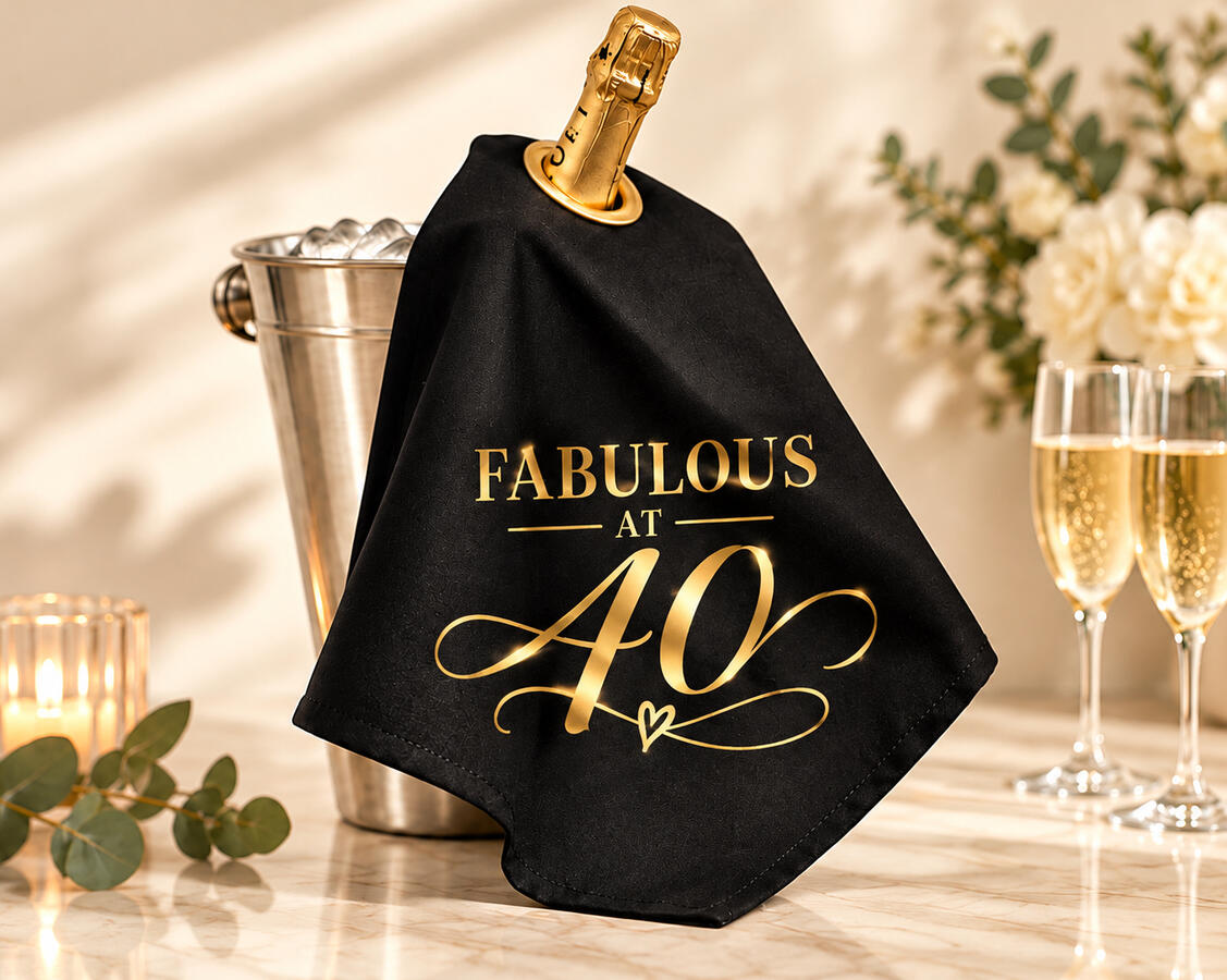 A Champagne bottle with a black bottle cloth saying 'Fabulous at 40''.