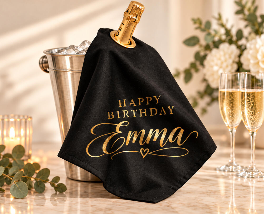 A Champagne bottle with a black bottle cloth saying 'Happy Birthday Emma'.