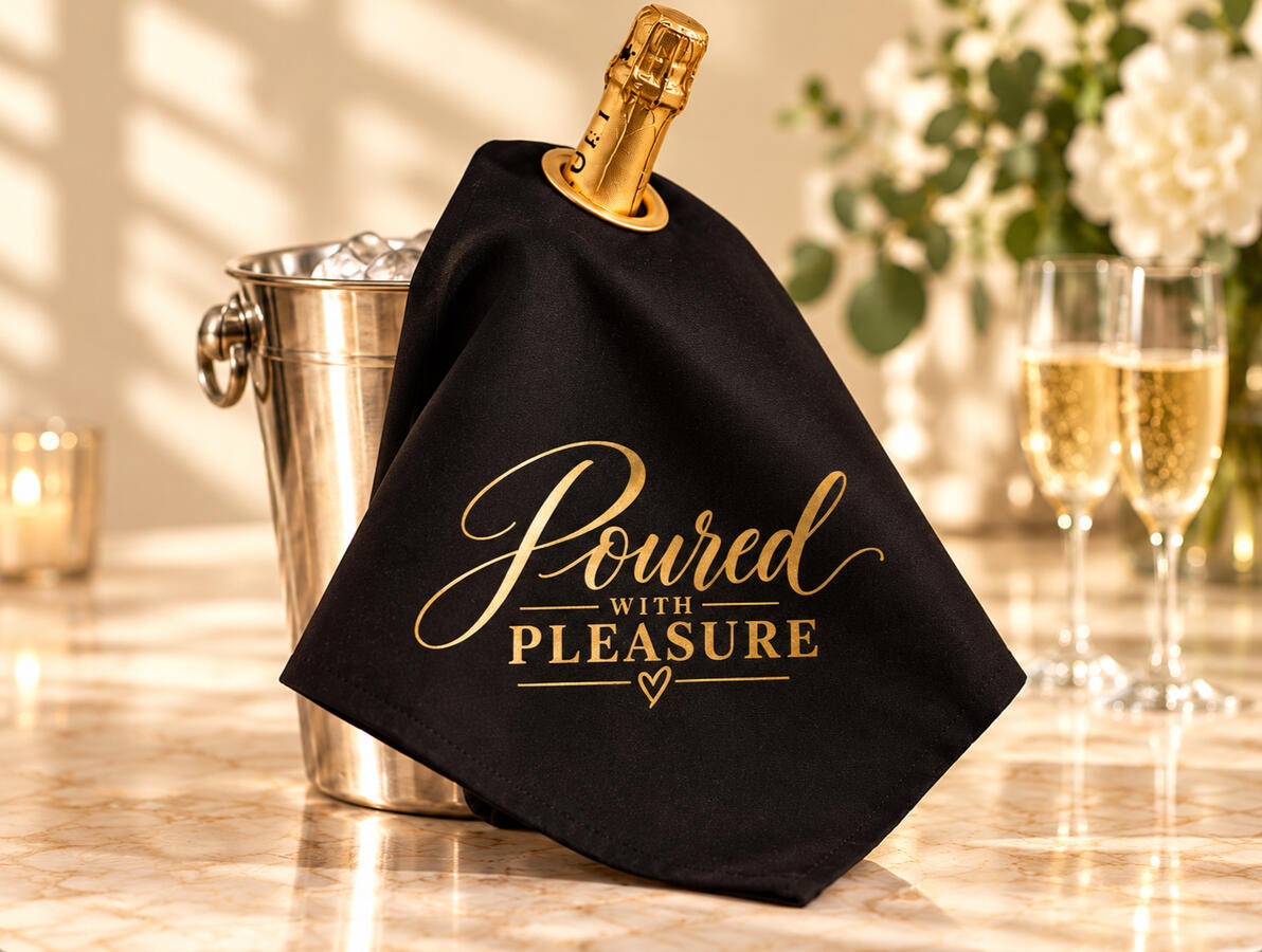 A Champagne bottle with a black bottle cloth saying 'Poured with Pleasure'