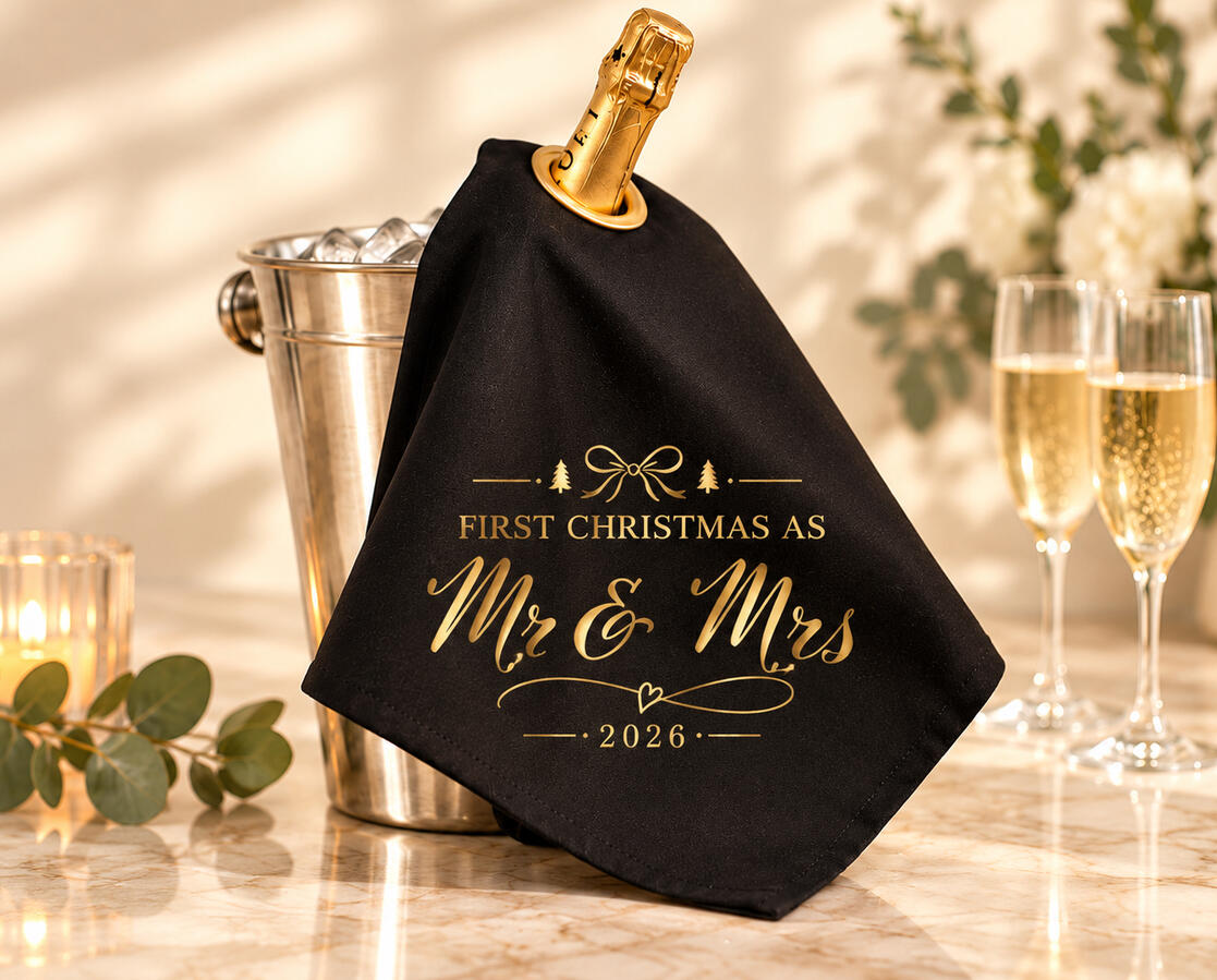 A Champagne bottle with a black bottle cloth saying 'First Christmas as Mr & Mrs'.