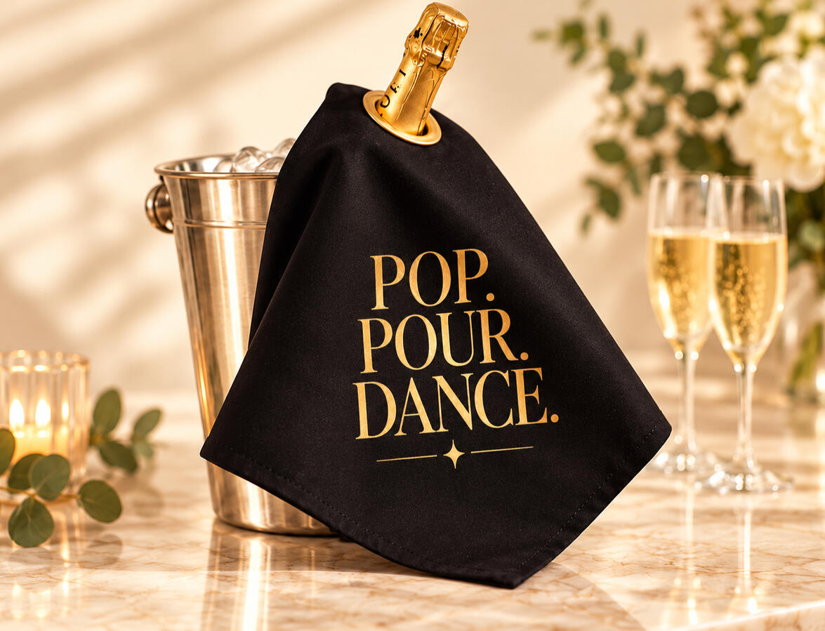 A Champagne bottle with a black bottle cloth saying 'Pop. Pour. Dance.'