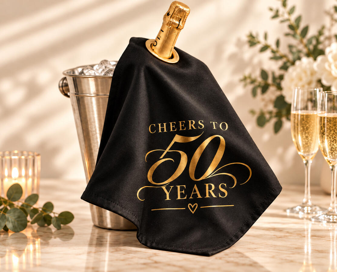 A Champagne bottle with a black bottle cloth saying 'Cheers to 50 Years'.